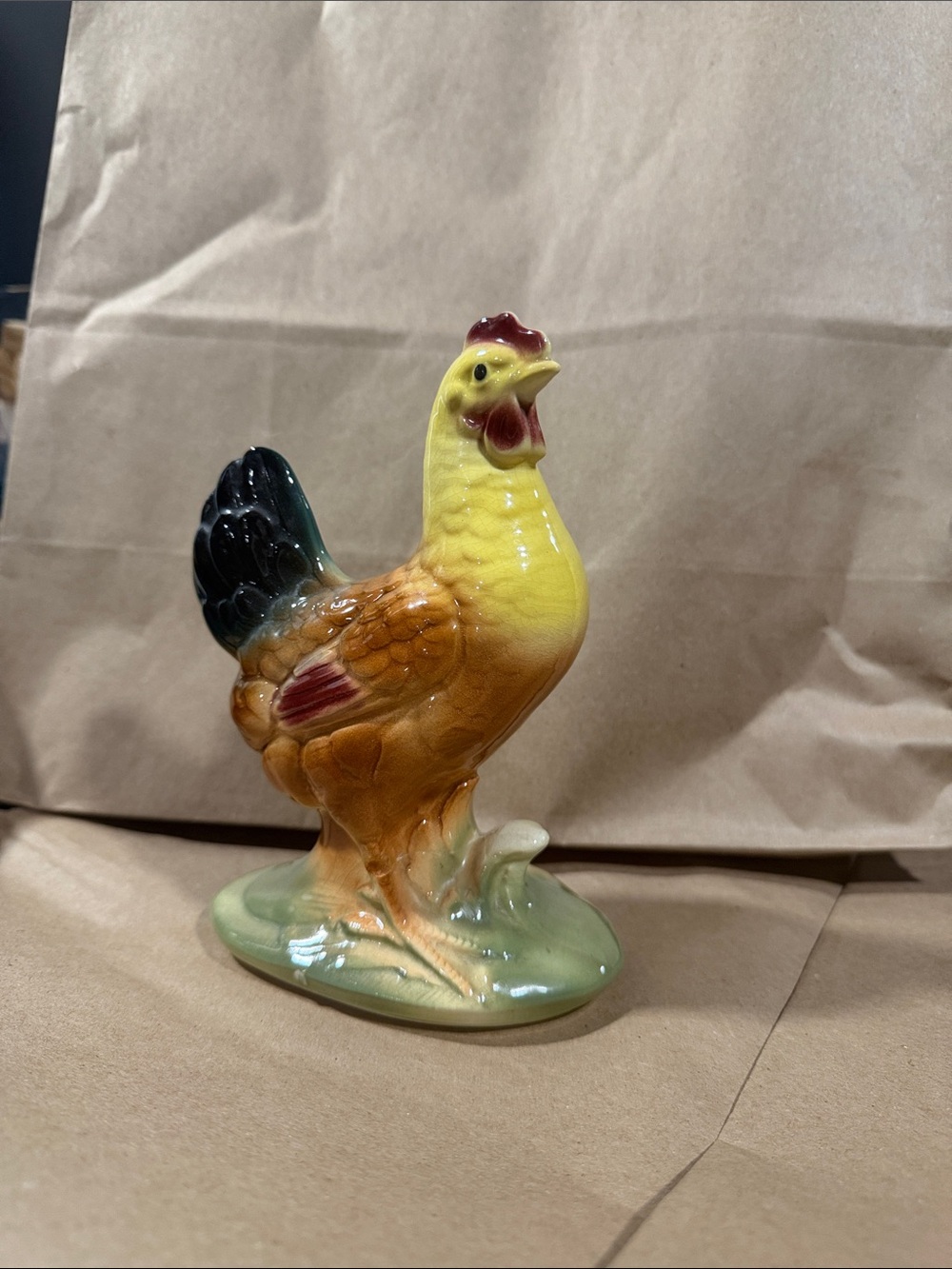 Colorful Ceramic Rooster Figurine - Yellow, Orange, Green, Black Accents